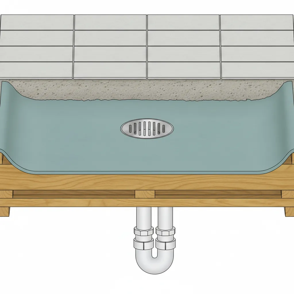 detailed bathroom floor construction showing waterproof layer and drain connection