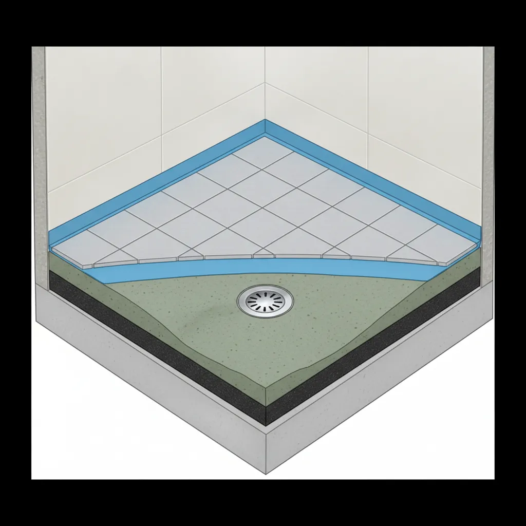 Bathroom floor waterproofing layers beneath tile in small shower area