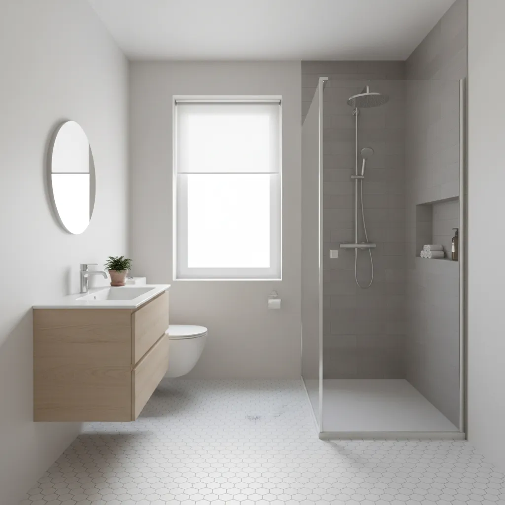 small bathroom with white hexagon floor tiles and bright natural lighting