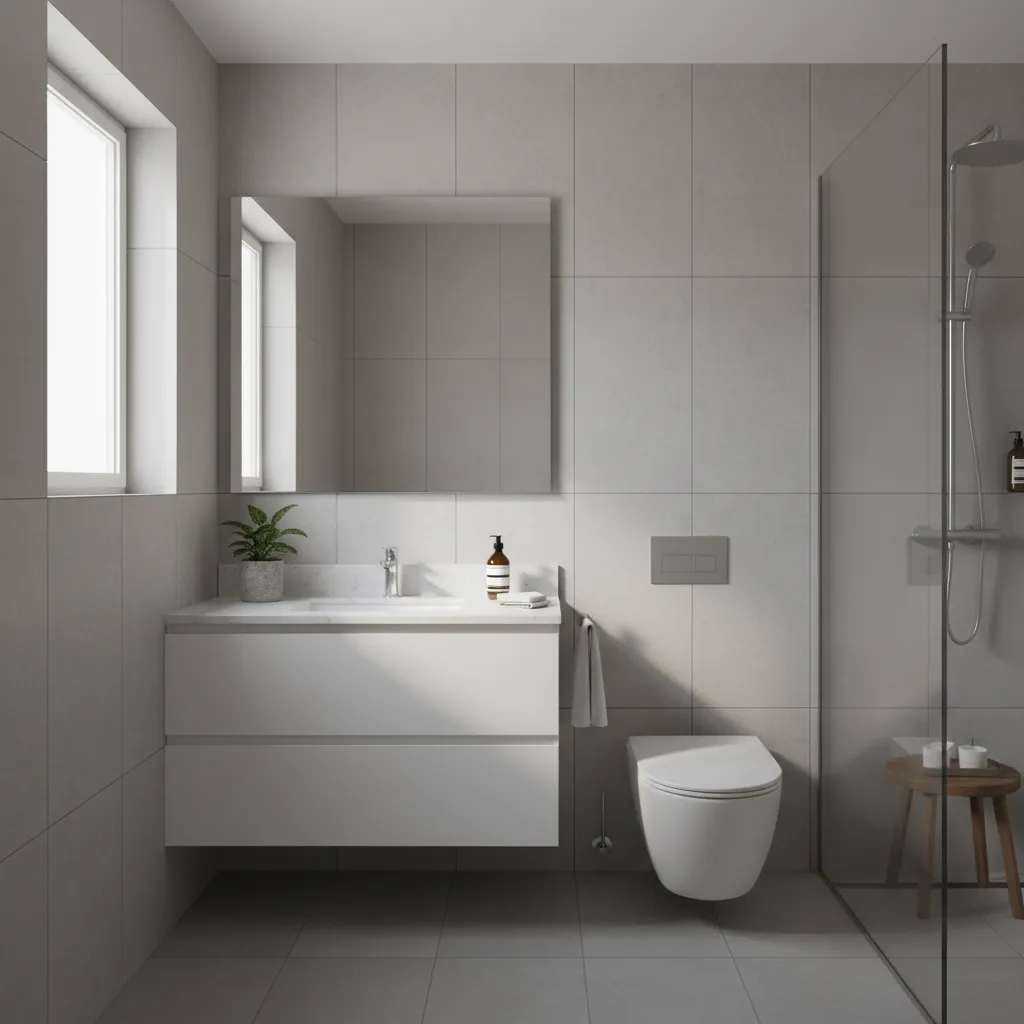 Compact bathroom with white vanity and bright tile wall design