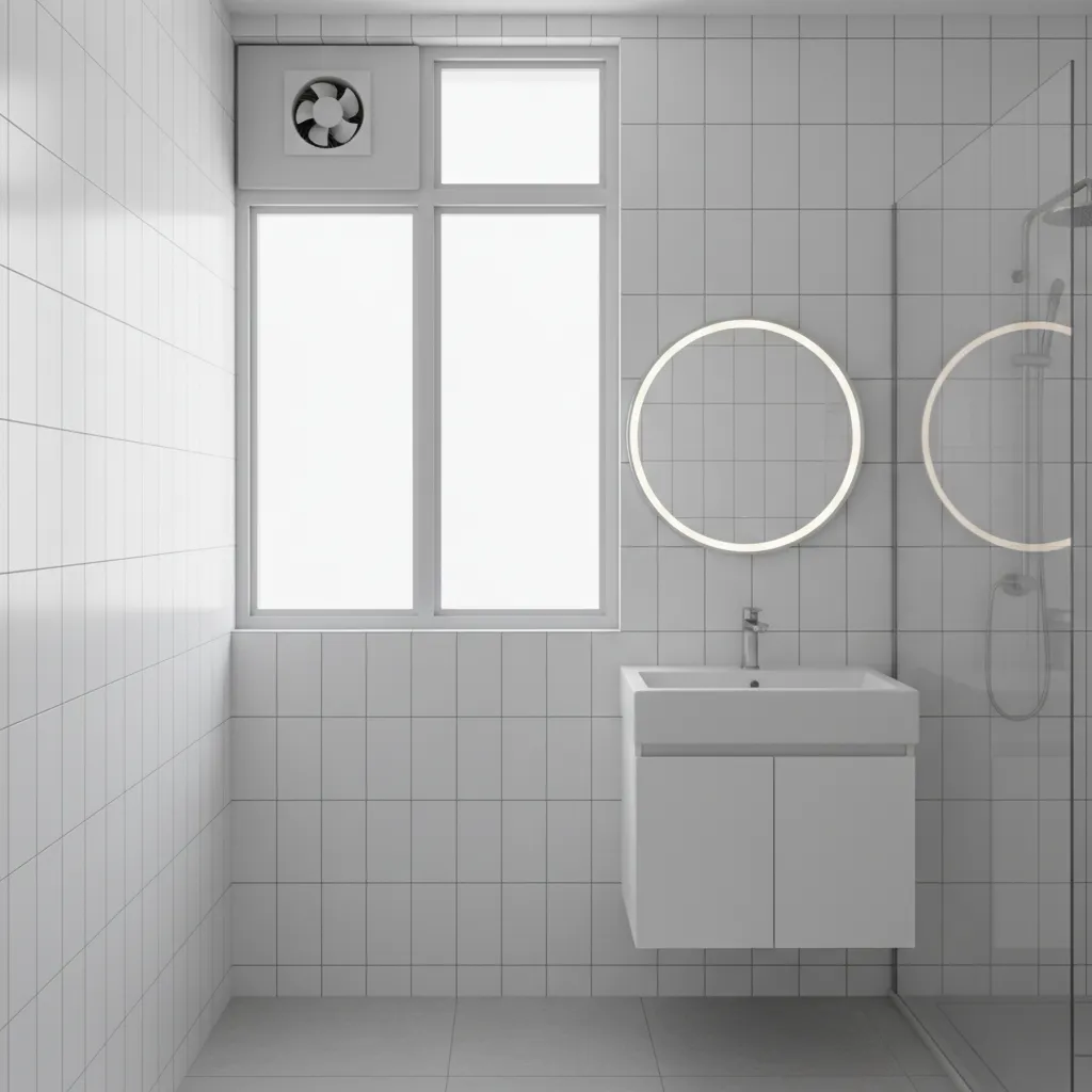 compact bathroom window with UPVC ventilator panel and integrated exhaust fan