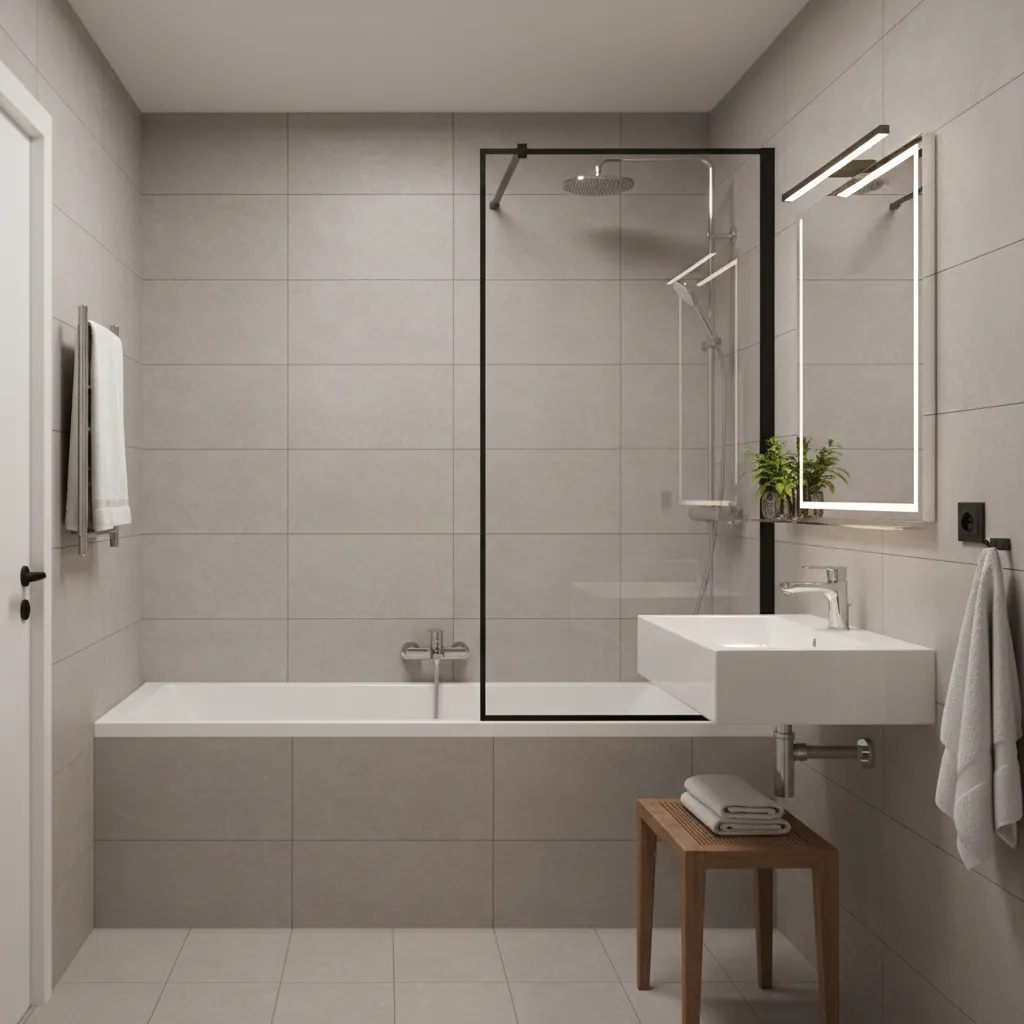 Small gray bathroom featuring a bathtub plus glass shower screen and a wall mounted sink