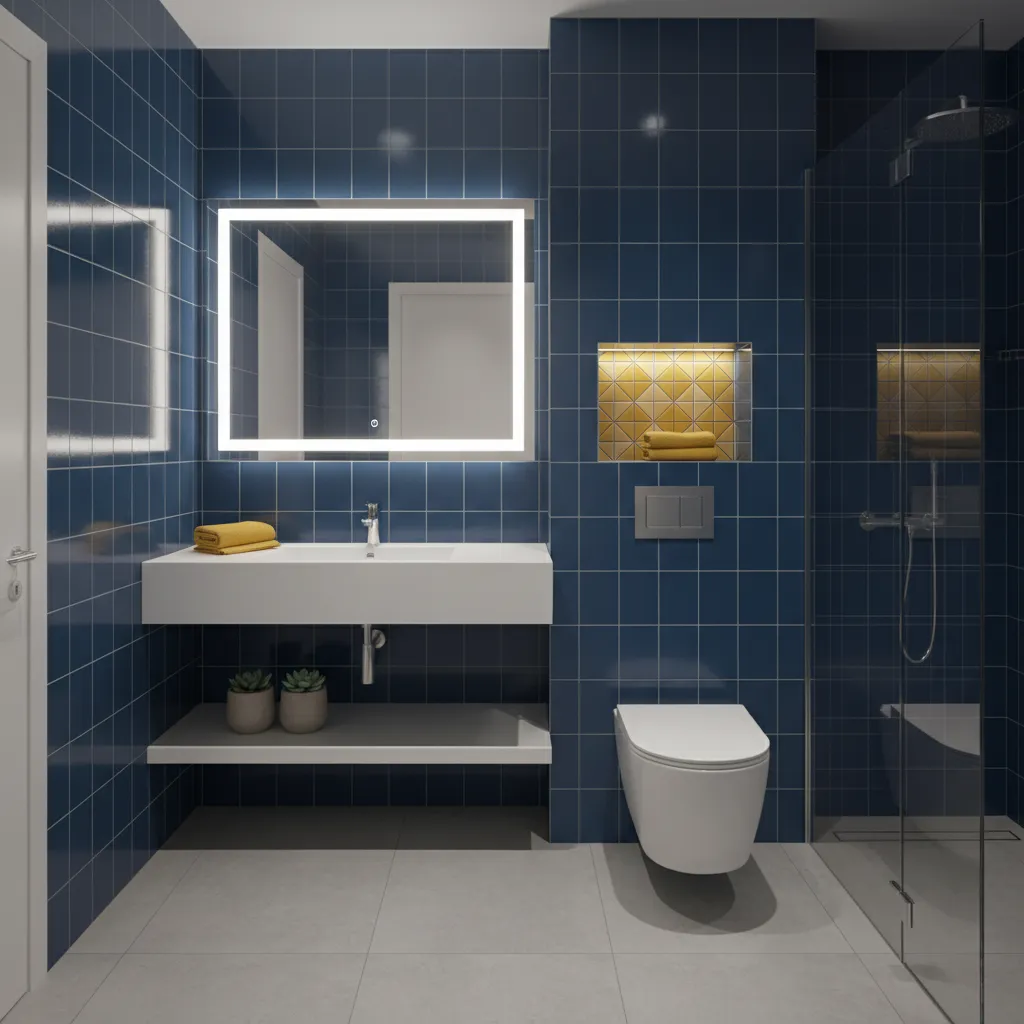small bathroom with blue walls and limited yellow accents