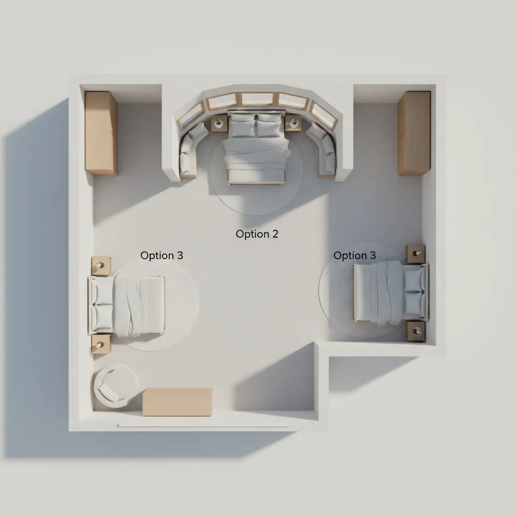 Top view layout plan showing bed placement strategies for small bay window bedrooms