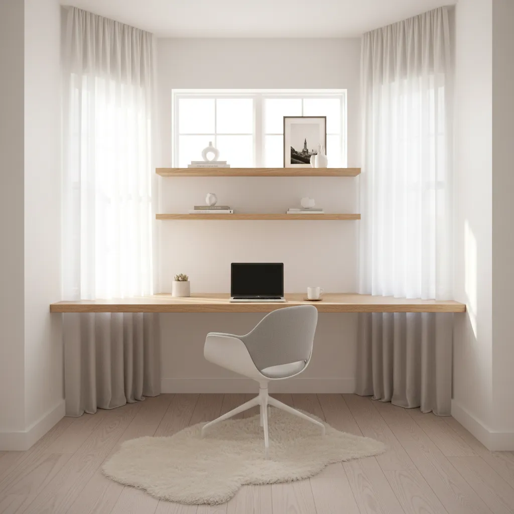 compact floating desk solution inside a small bay window office
