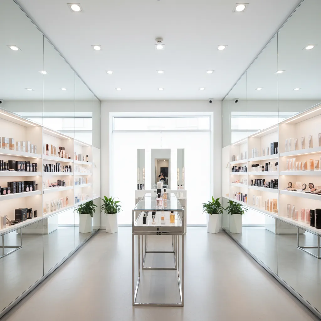 Bright white beauty store interior with symmetrical shelves, glass display table, and green potted plants