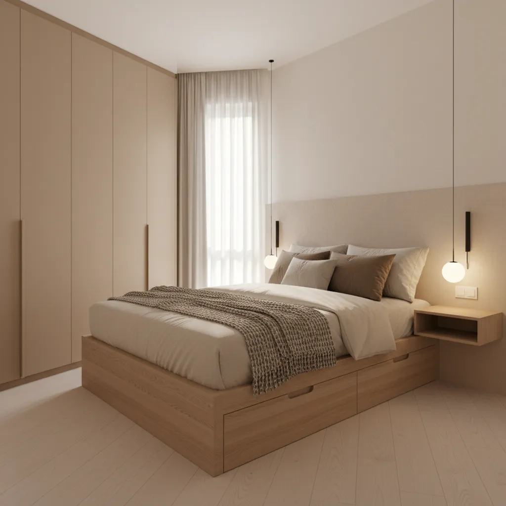 Minimalist bedroom with wooden bed frame large cabinet warm light fixtures and soft neutral color palette