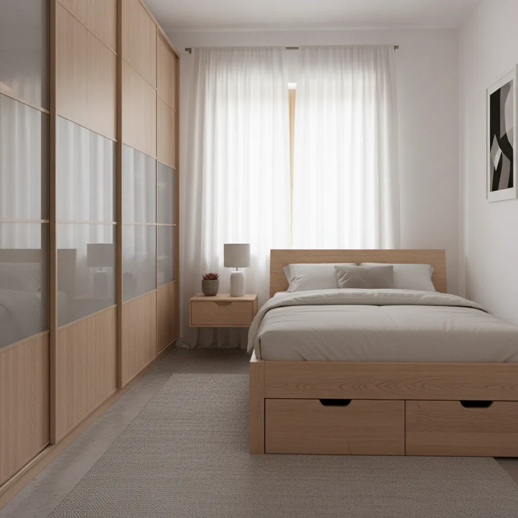 Minimalist bedroom with wooden bed featuring storage drawers and a large sliding door wooden wardrobe