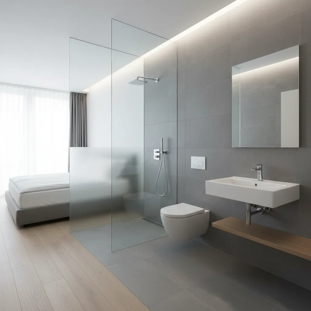 Minimalist open bathroom with grey tiles and glass shower next to a white bedroom bed