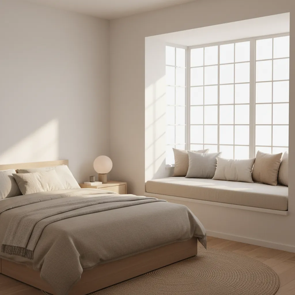 Small bedroom bay window converted into a cozy reading nook with bench seating