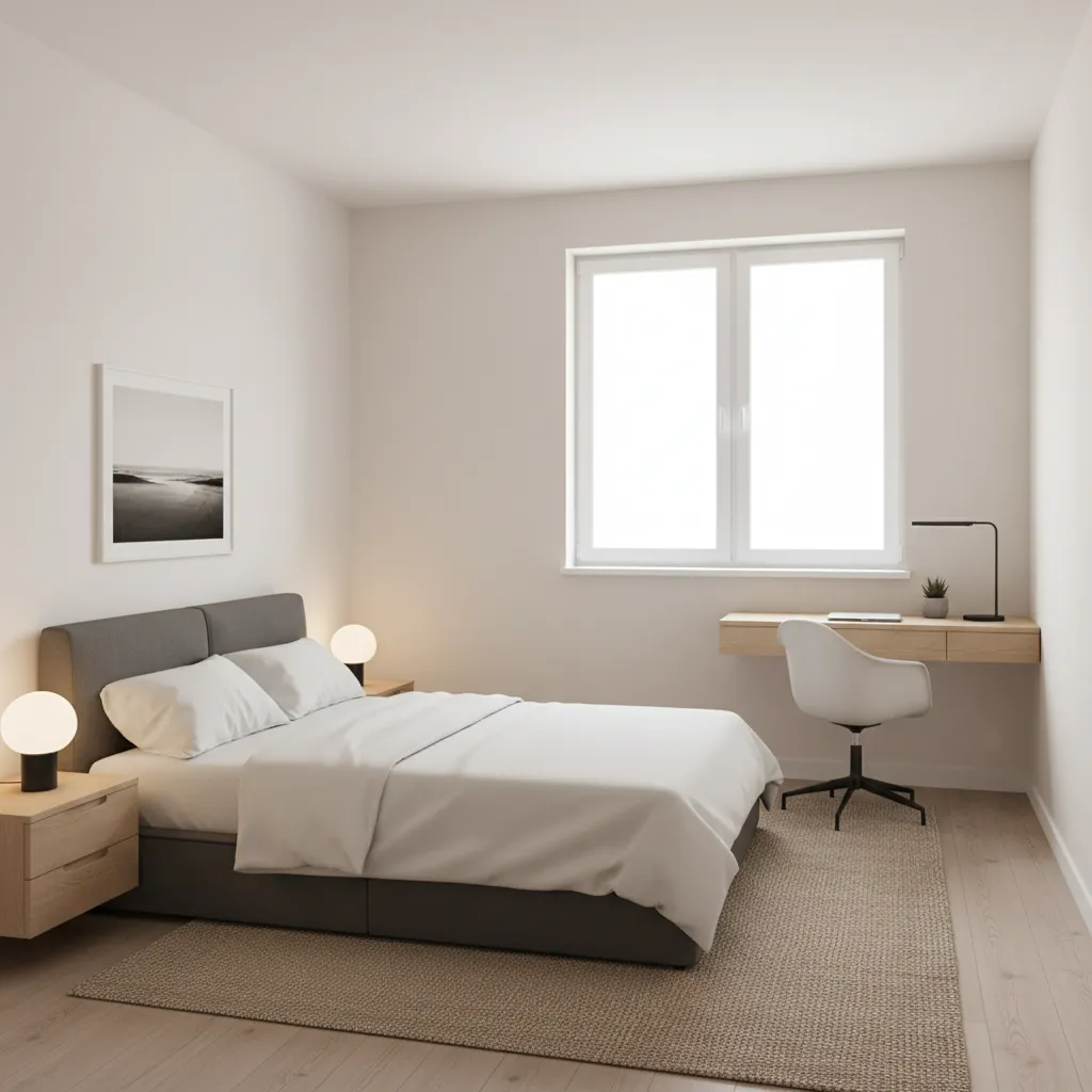 Small bedroom divided into sleeping and workspace zones