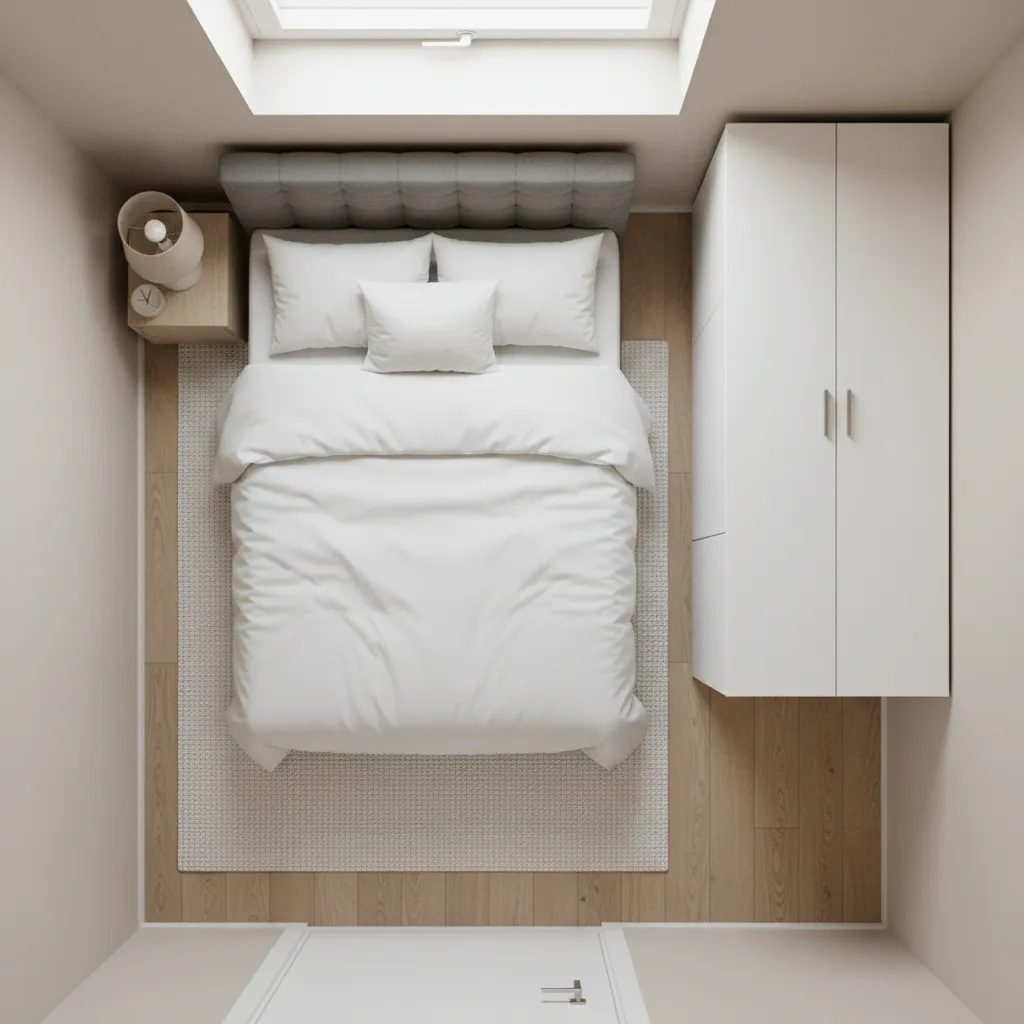 Small bedroom seen from above with white bed grey headboard white cabinet and wood floor