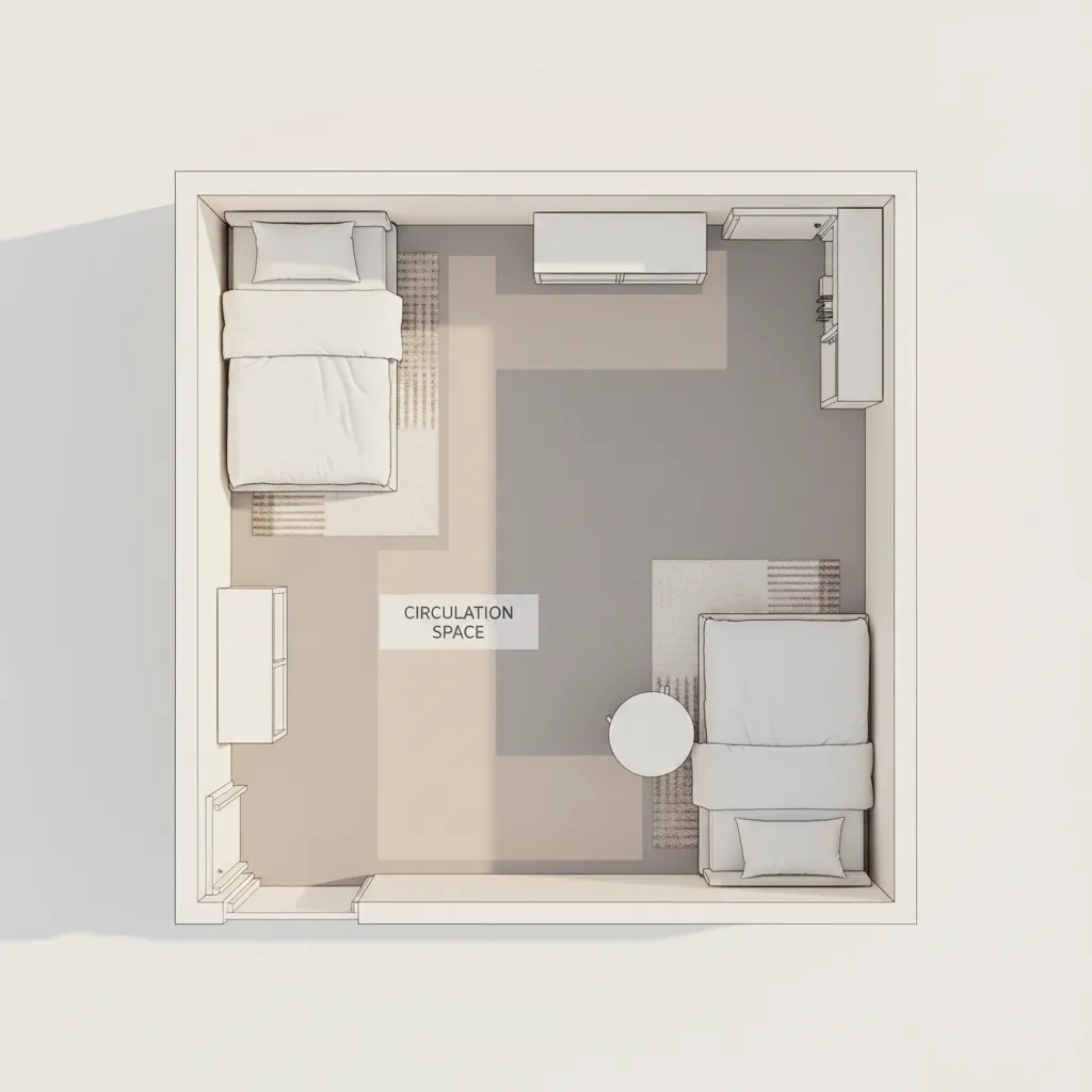 small bedroom layout diagram showing walkway space between two beds