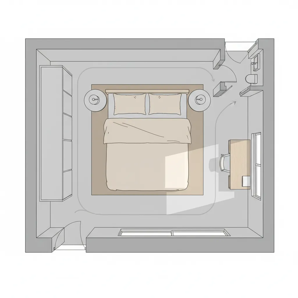 Bedroom layout diagram showing circulation space around full bed