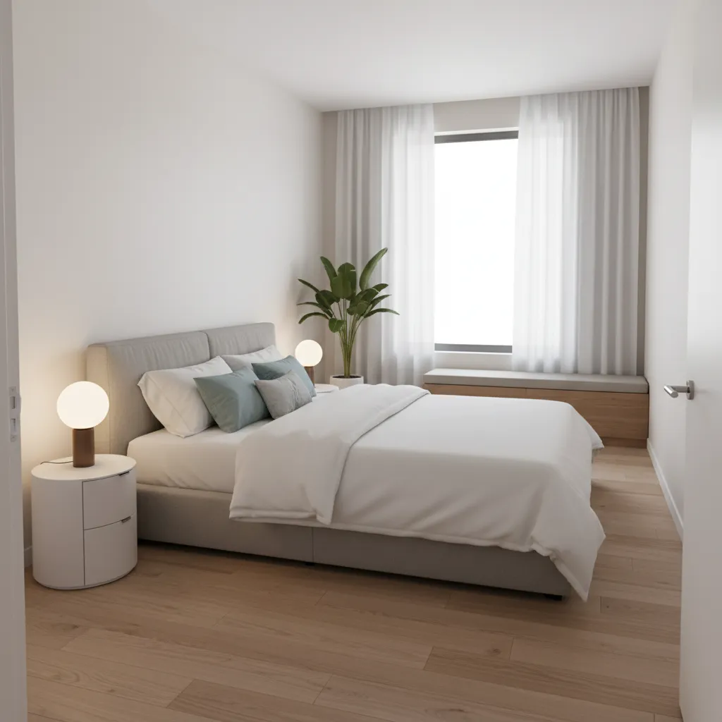 Small bedroom bed placement showing optimal position relative to door