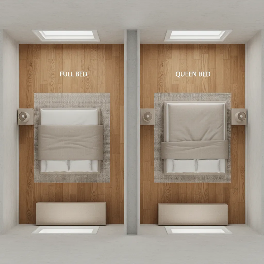 top view floor plan comparison of full bed and queen bed layouts