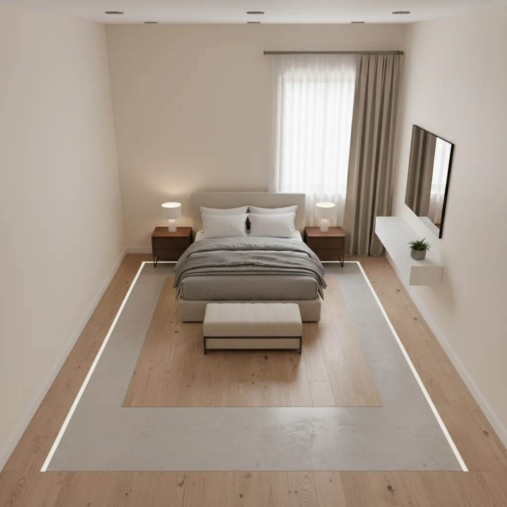 Bedroom layout showing walking paths around a queen bed