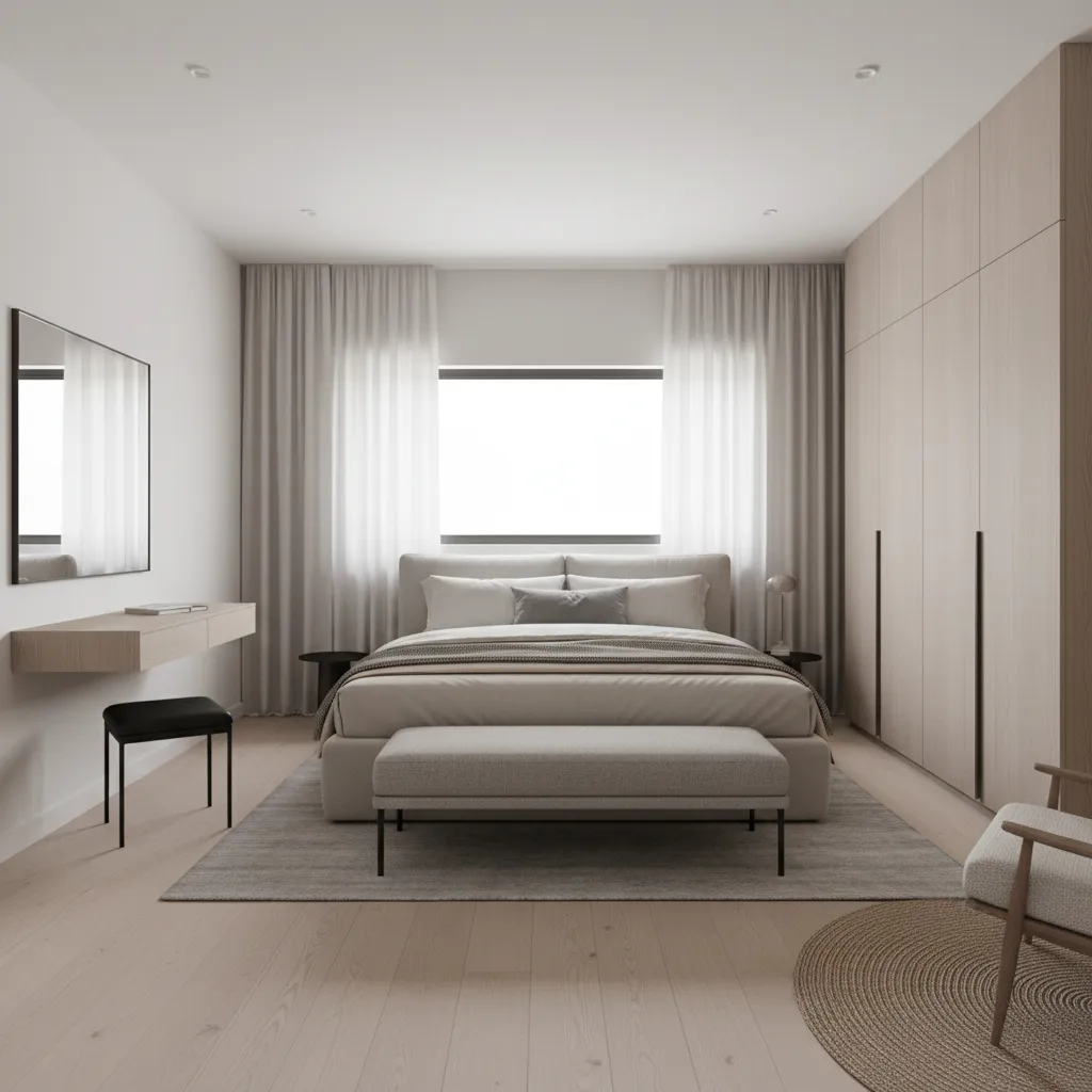 small bedroom layout with upholstered bench at foot of bed