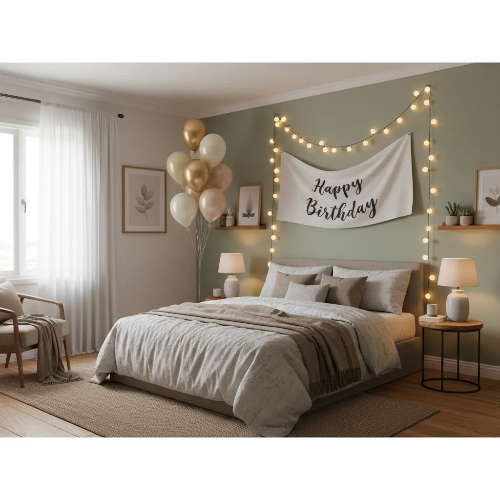 Small bedroom decorated simply for birthday with balloons banner and lights