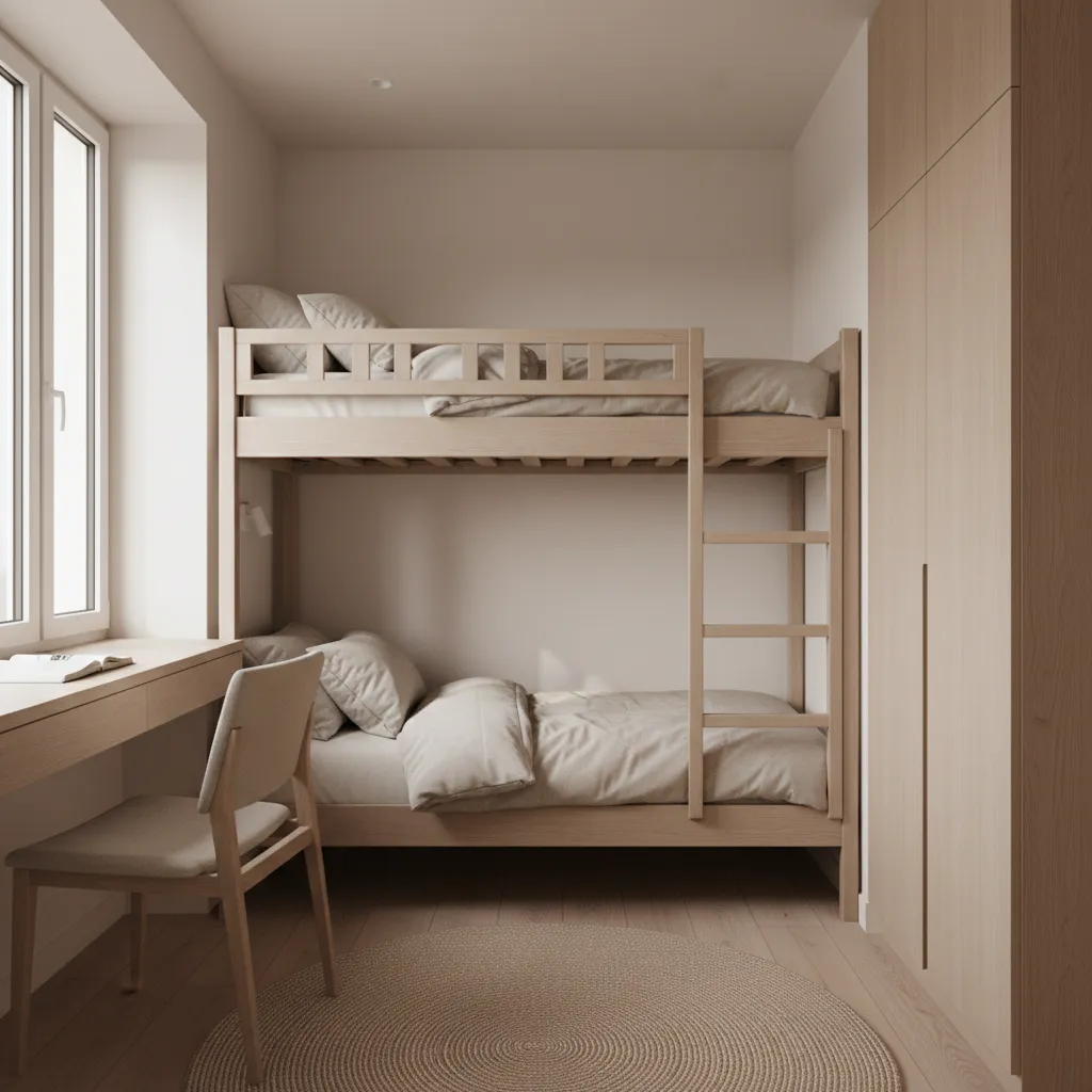 Compact bedroom with wall aligned double deck bunk bed layout