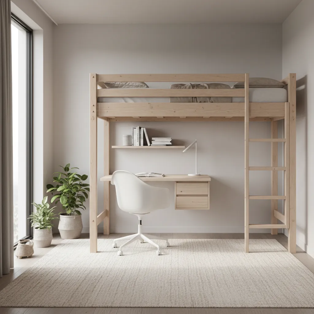 Compact home bedroom with bunk beds and efficient furniture layout