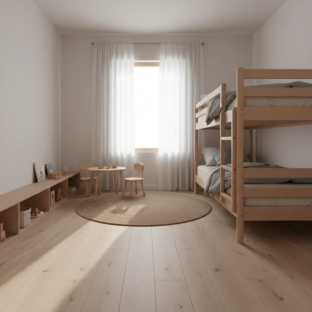 Small kids bedroom with space saving bunk bed layout