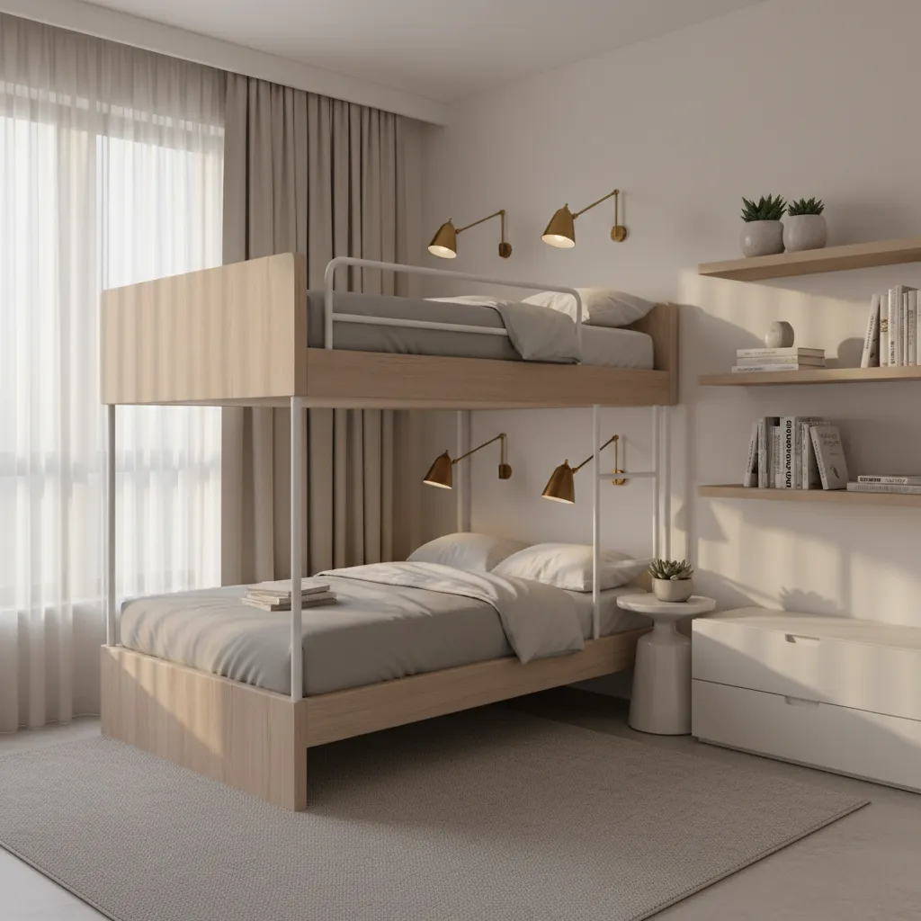 Small bunk bed bedroom with wall shelves and mounted lights