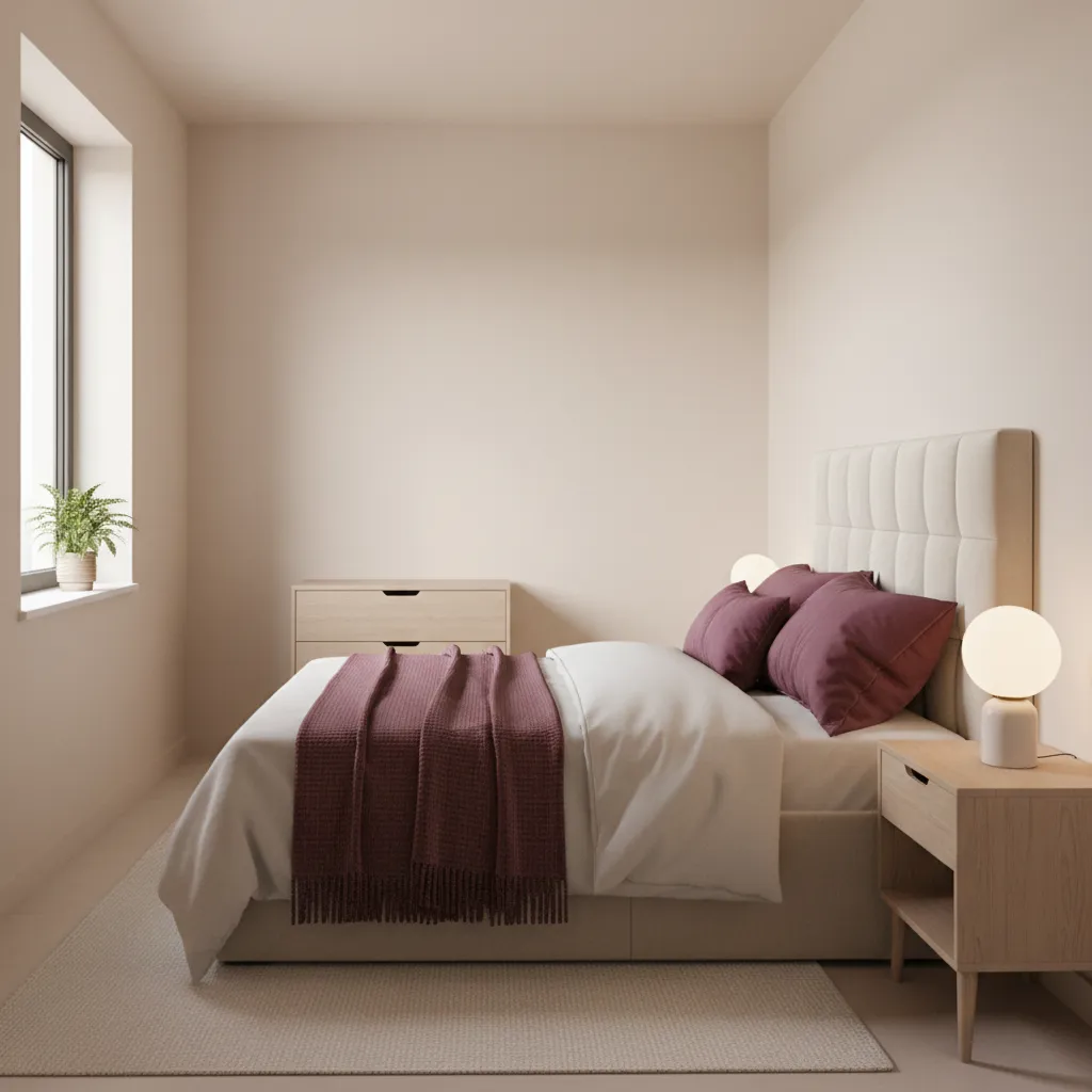 Small bedroom using burgundy as an accent with neutral walls and bedding