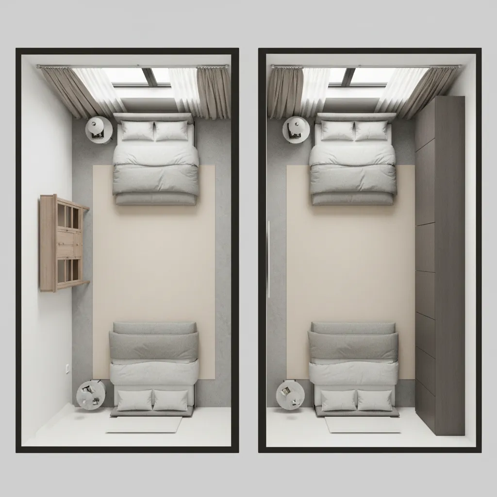Small bedroom layout comparing shallow china cabinet and deep wardrobe placement