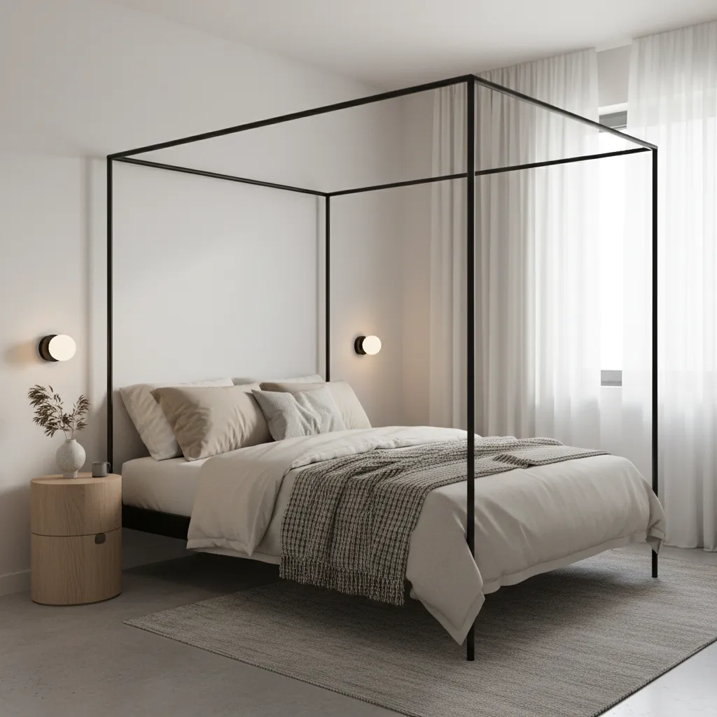 Slim metal canopy bed in a compact modern bedroom