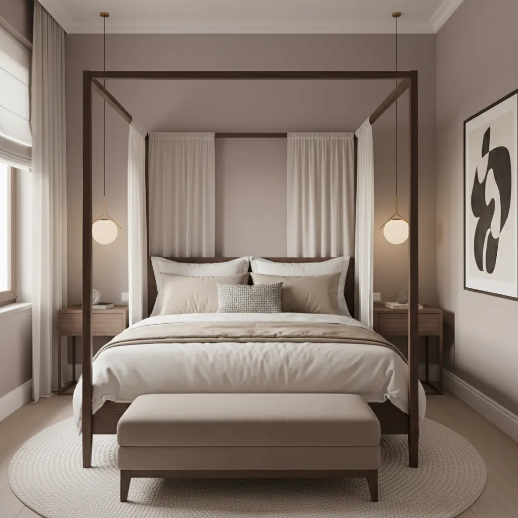 small bedroom with four poster bed styled with sheer canopy curtains