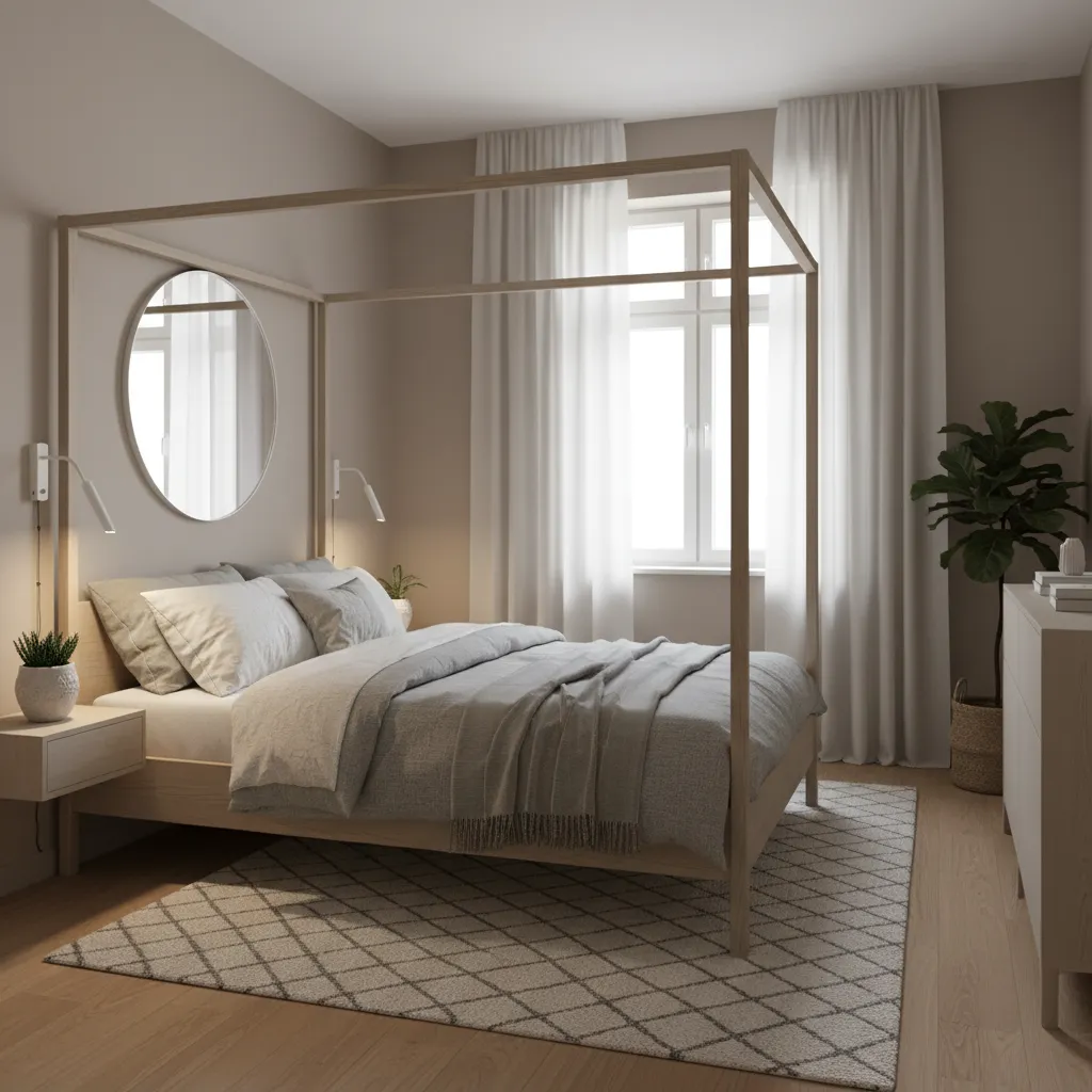 Minimal styled canopy bed with wall sconces in a compact bedroom