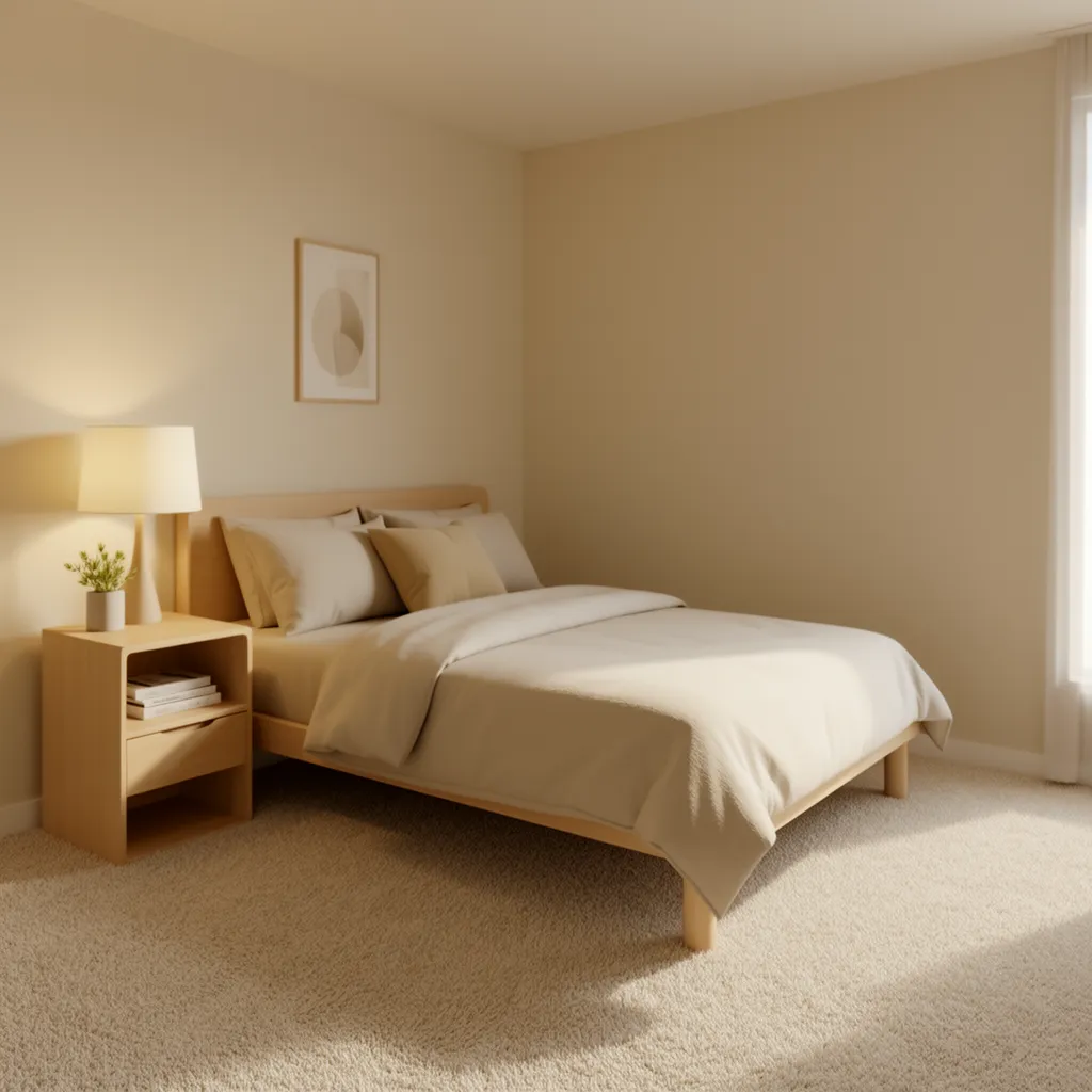 Cozy small bedroom with soft carpet flooring and minimalist furniture