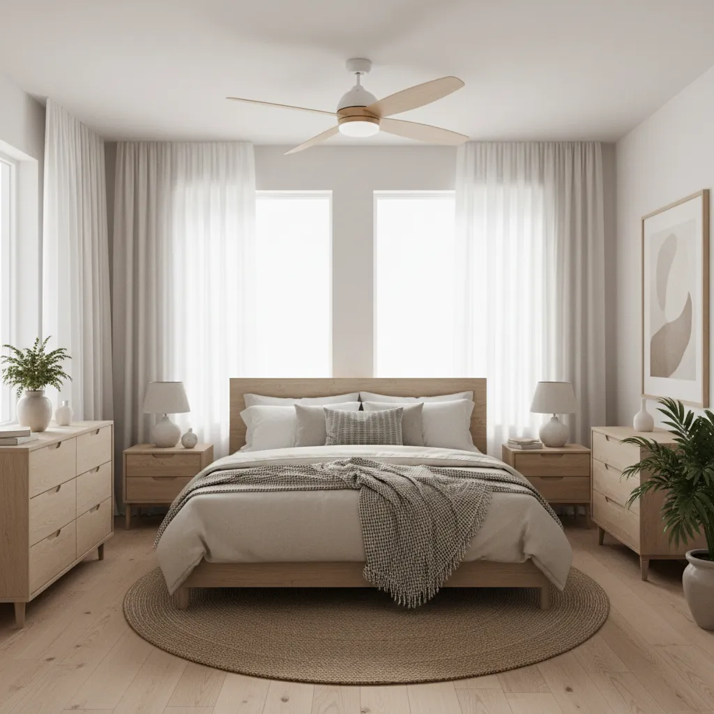 compact bedroom showing correctly sized ceiling fan proportion above bed
