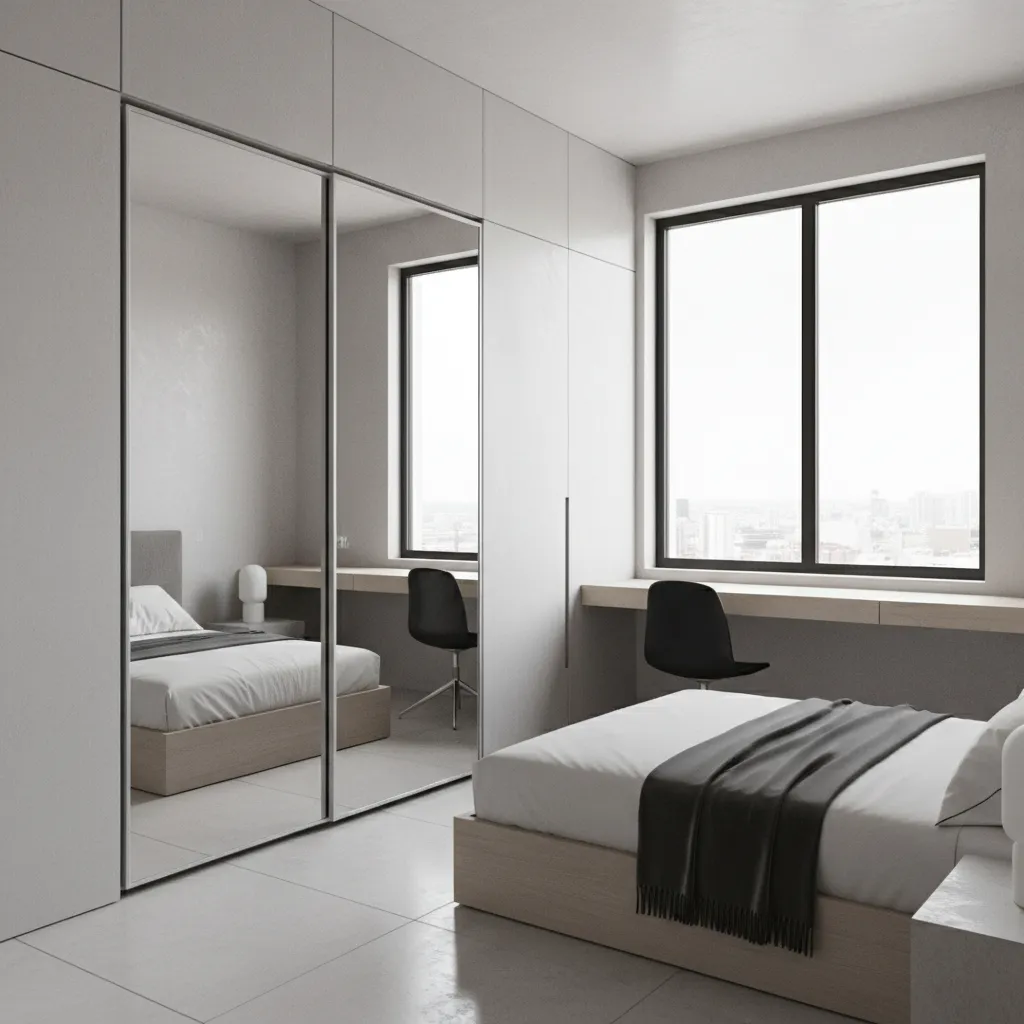 Compact bedroom with space saving cemented wall wardrobe and sliding mirror doors