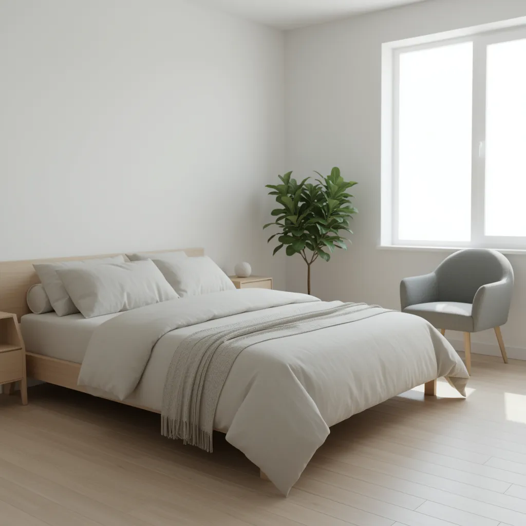 Small bedroom layout showing accent chair positioned in corner near window