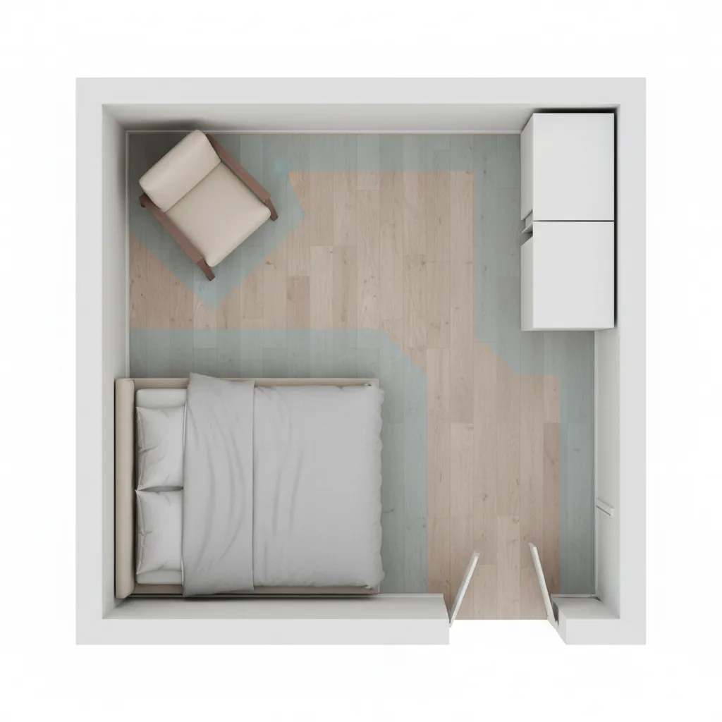 bedroom layout diagram showing chair size and walking clearance