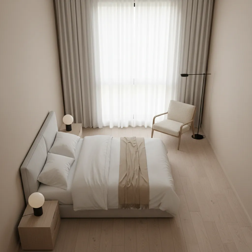 Bedroom layout showing clear walking path between bed and chair