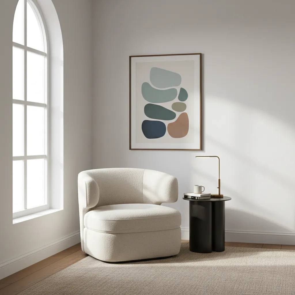 Compact chair beside bedroom window creating a small reading corner