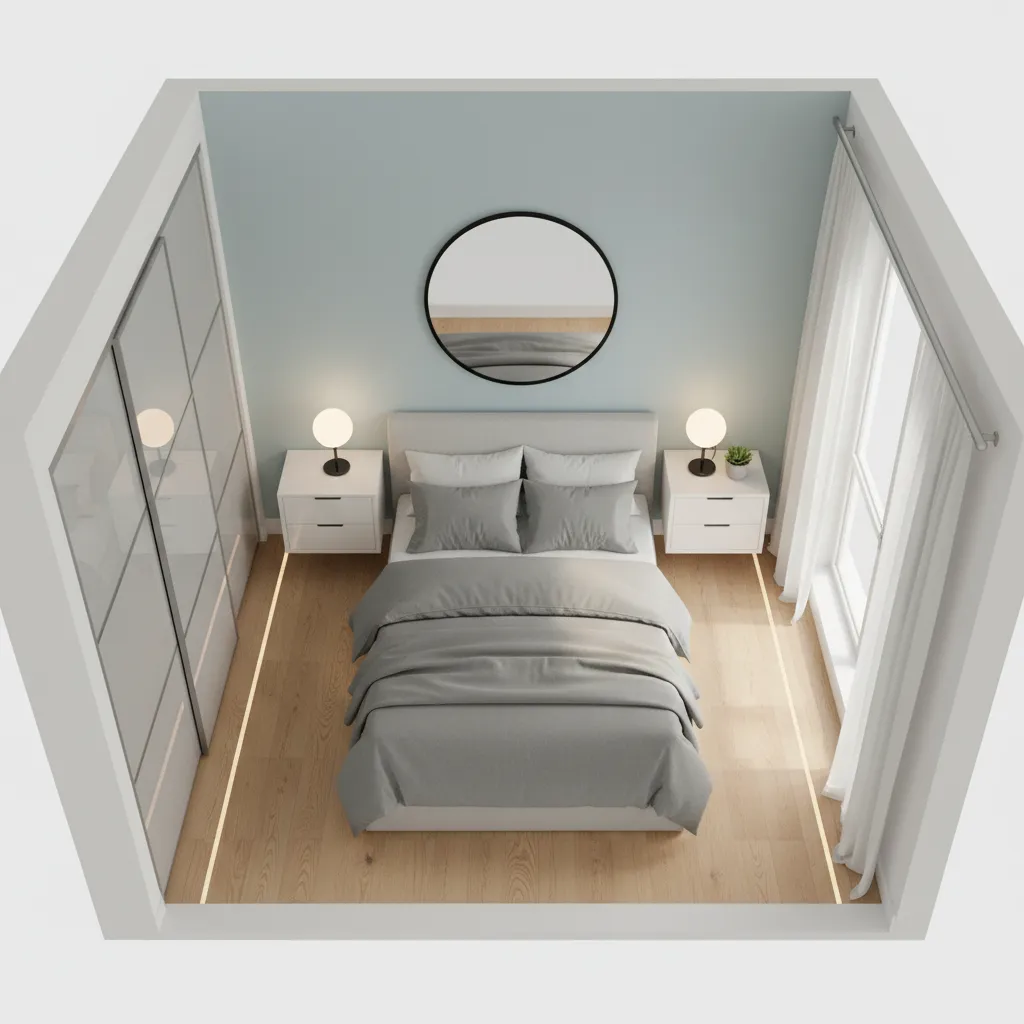 small bedroom layout showing clear walking paths around the bed