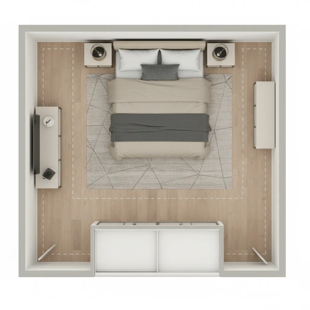Top-down layout plan showing circulation space in a small bedroom