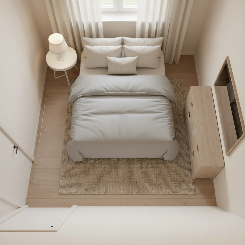 Small bedroom layout showing clear circulation path from door to bed