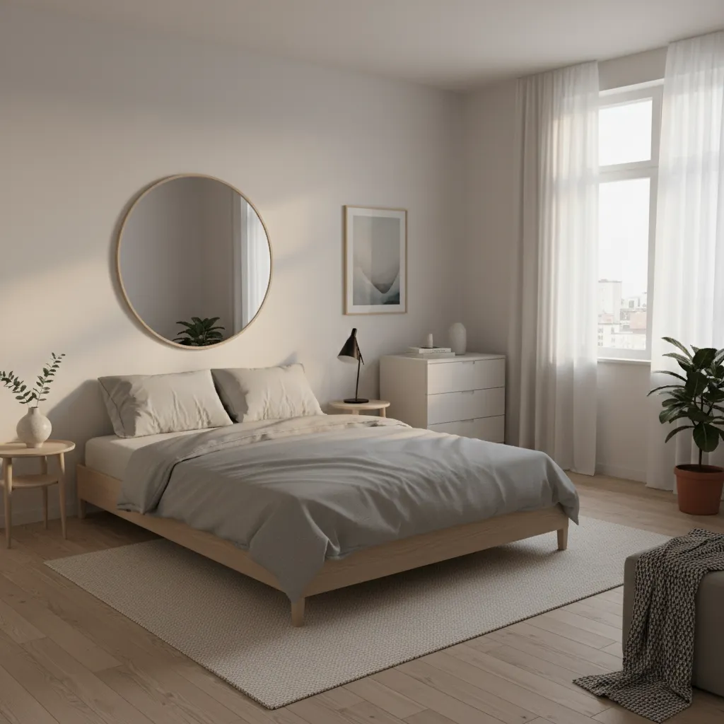 Small bedroom with queen bed showing clear walking paths around furniture
