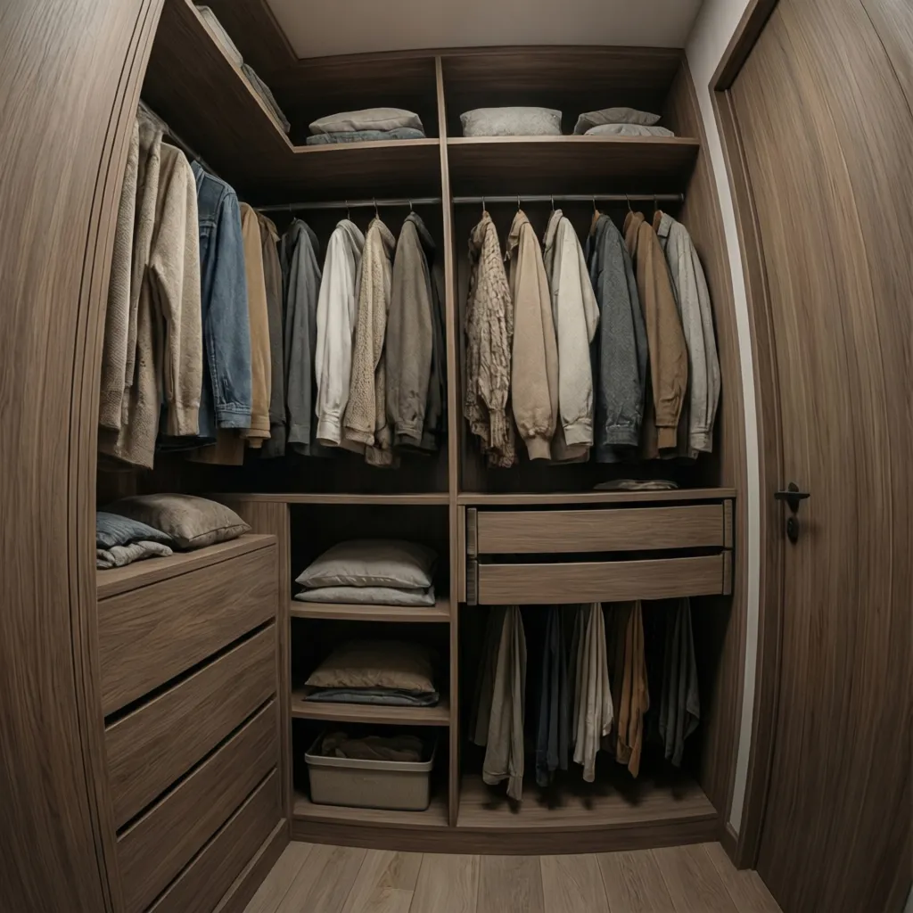 Dark wood closet showing hanging clothes, folded pillows, some shelves, and many storage wood drawers.