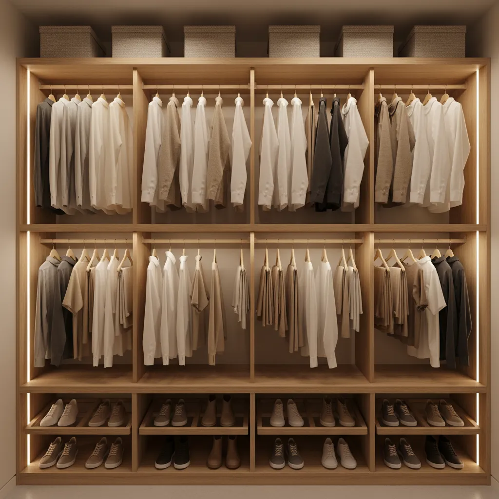 Organized small bedroom closet with double hanging rods and shelves