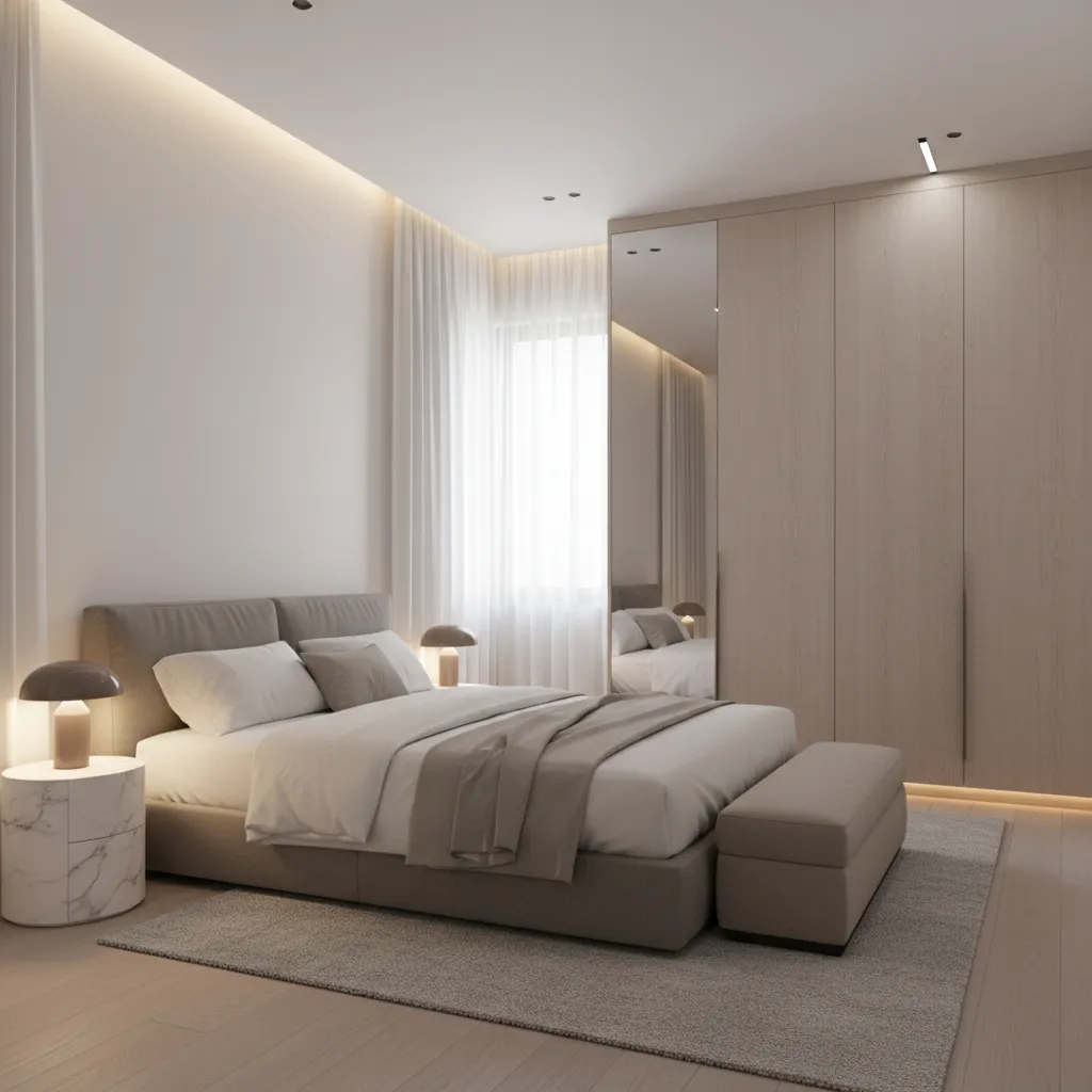 Modern neutral bedroom featuring a soft bed, footrest, large wooden cabinet, marble table, and curtains