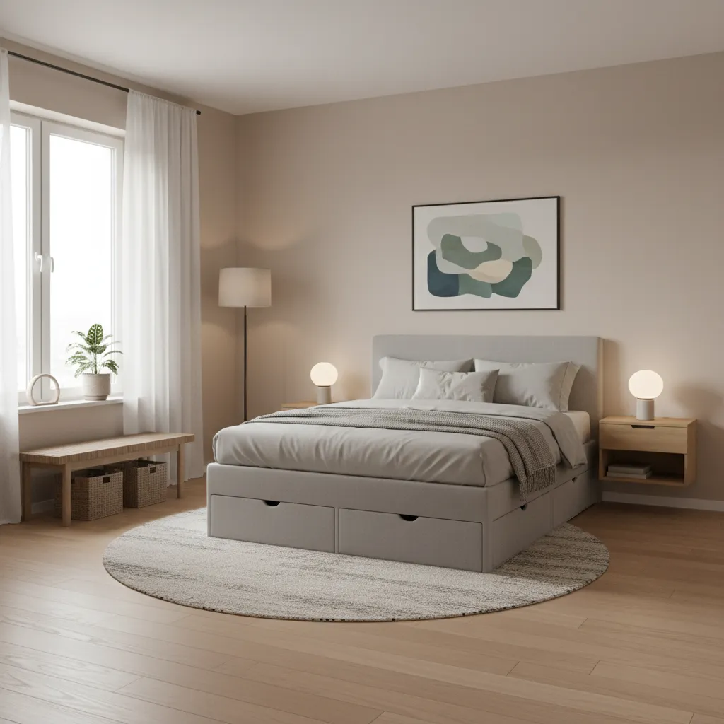 Compact bedroom layout for couple with storage bed and minimal furniture