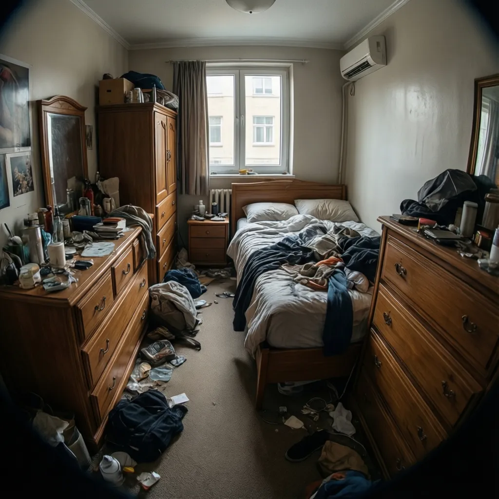 Small bedroom with crowded furniture and poor layout making the room feel cramped