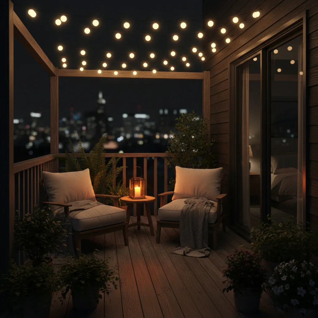 Small bedroom deck at night with warm string lights and cozy seating