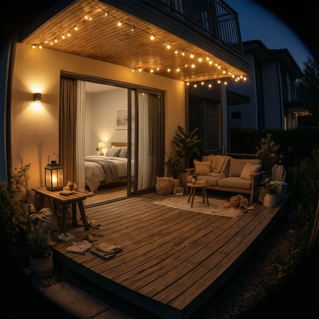 Cozy small bedroom deck with warm string lights at night